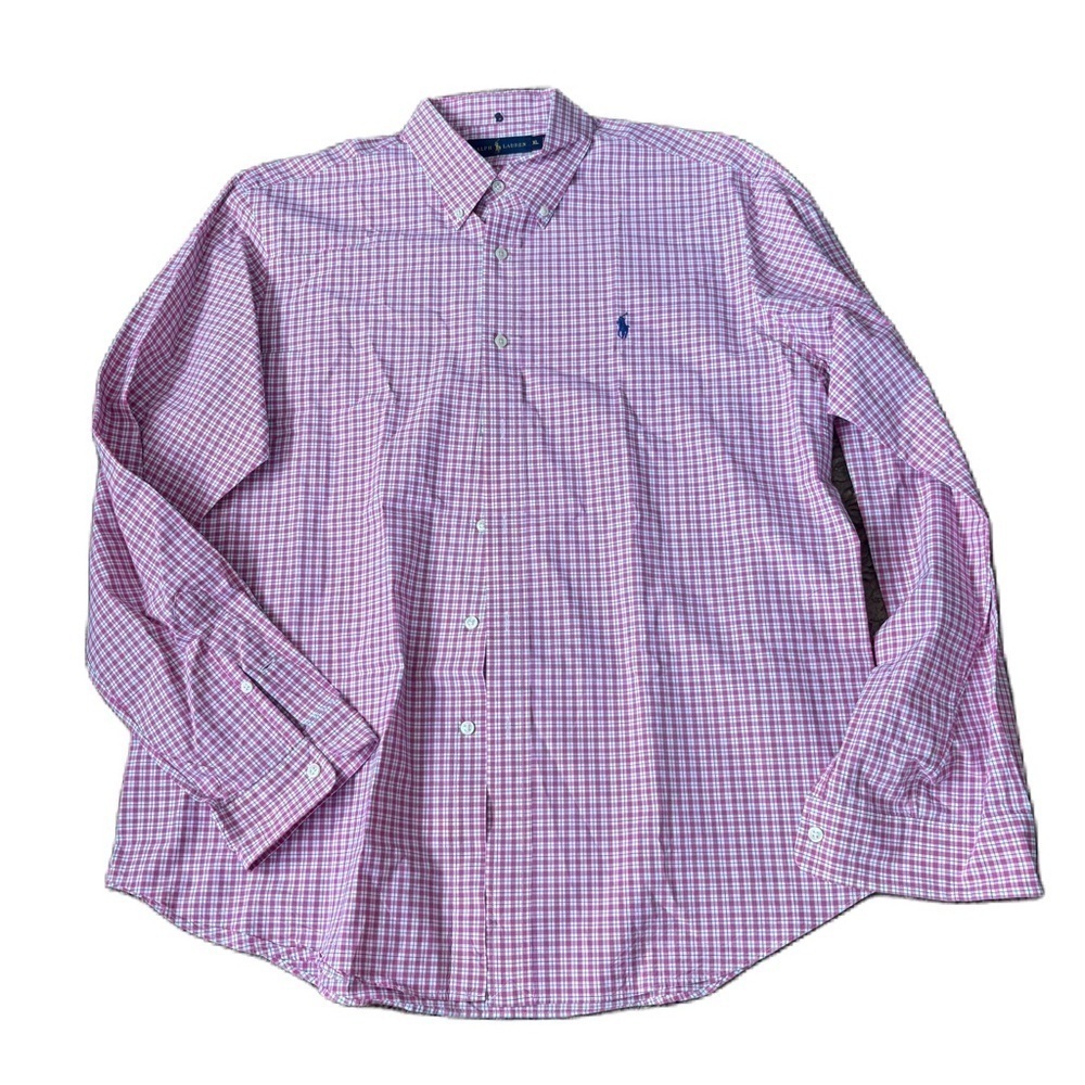 Ralph Lauren Men's Pink and White Checkered Shirt XL Button Down
